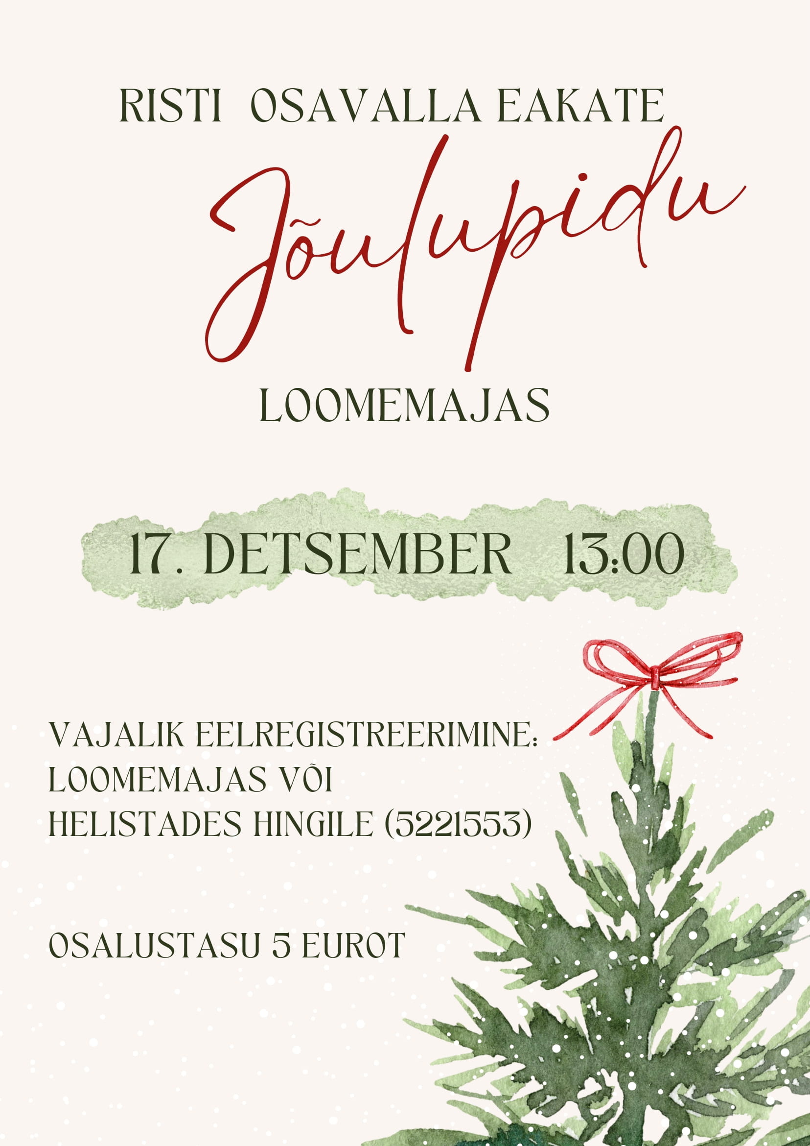 🎄 Risti osavalla eakate jõulupidu 🎄 📅 17. detsember kell 13.00 📍 Loomemajas Olete oodatud sooja ja rõõmsasse jõulupeole! ✅ Vajalik eelregistreerimine Loomemajas või helistades Hingile: 5221553 💶 Osalustasu: 5 eurot