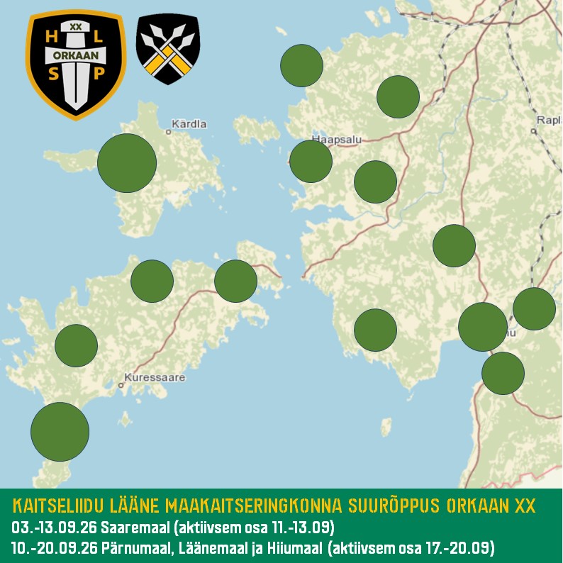 Kaart Kaitseliidu Lääne maakaitseringkonna suurõppus ORKAAN XX Pärnumaal, Läänemaal ja Hiiumaal